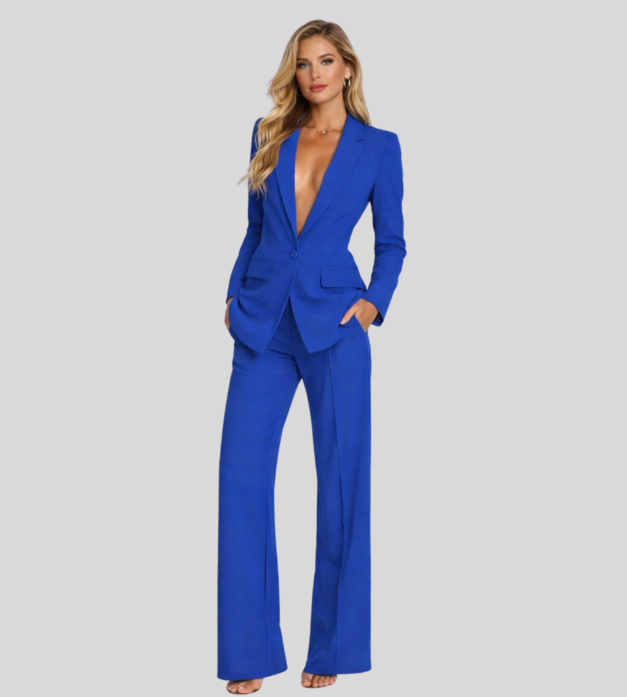 Moderne Dames Zakelijke Set met Colbert en Wijde Broek, Broekpak met Diepe V-hals - Bruin/Zwart/Roze
