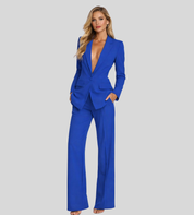 Moderne Dames Zakelijke Set met Colbert en Wijde Broek, Broekpak met Diepe V-hals - Bruin/Zwart/Roze
