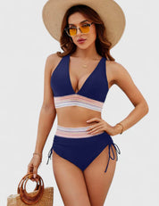 High Waist Bikini Set Dames met Diepe V-hals, Kruisende Bandjes en Kleurblok Design - Valentina Costa