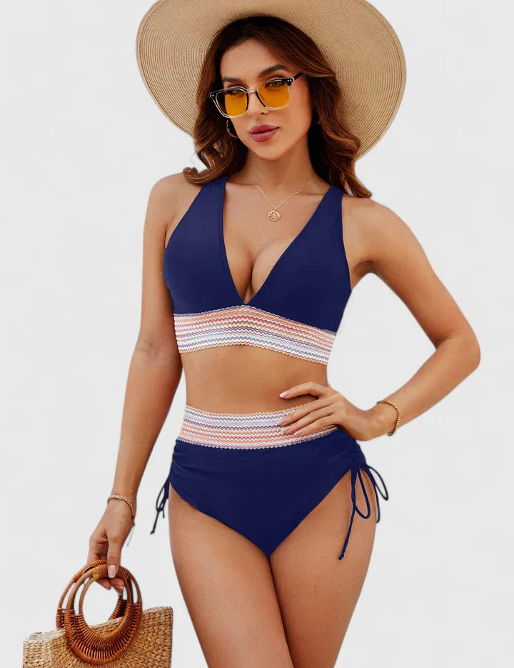 High Waist Bikini Set Dames met Diepe V-hals, Kruisende Bandjes en Kleurblok Design - Valentina Costa