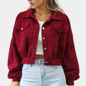 Deni | Stijlvolle Korte Jas Dames van Ribstof - Lantaarnmouwen, Comfortabel en Trendy - Camel / Bruin / Bordeaux