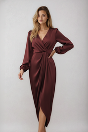 Wikkeljurk Dames Midi met V-Hals en Strikceintuur - Bordeaux / Beige / Groen - Maelen