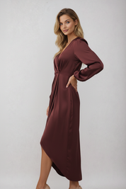 Wikkeljurk Dames Midi met V-Hals en Strikceintuur - Bordeaux / Beige / Groen - Maelen