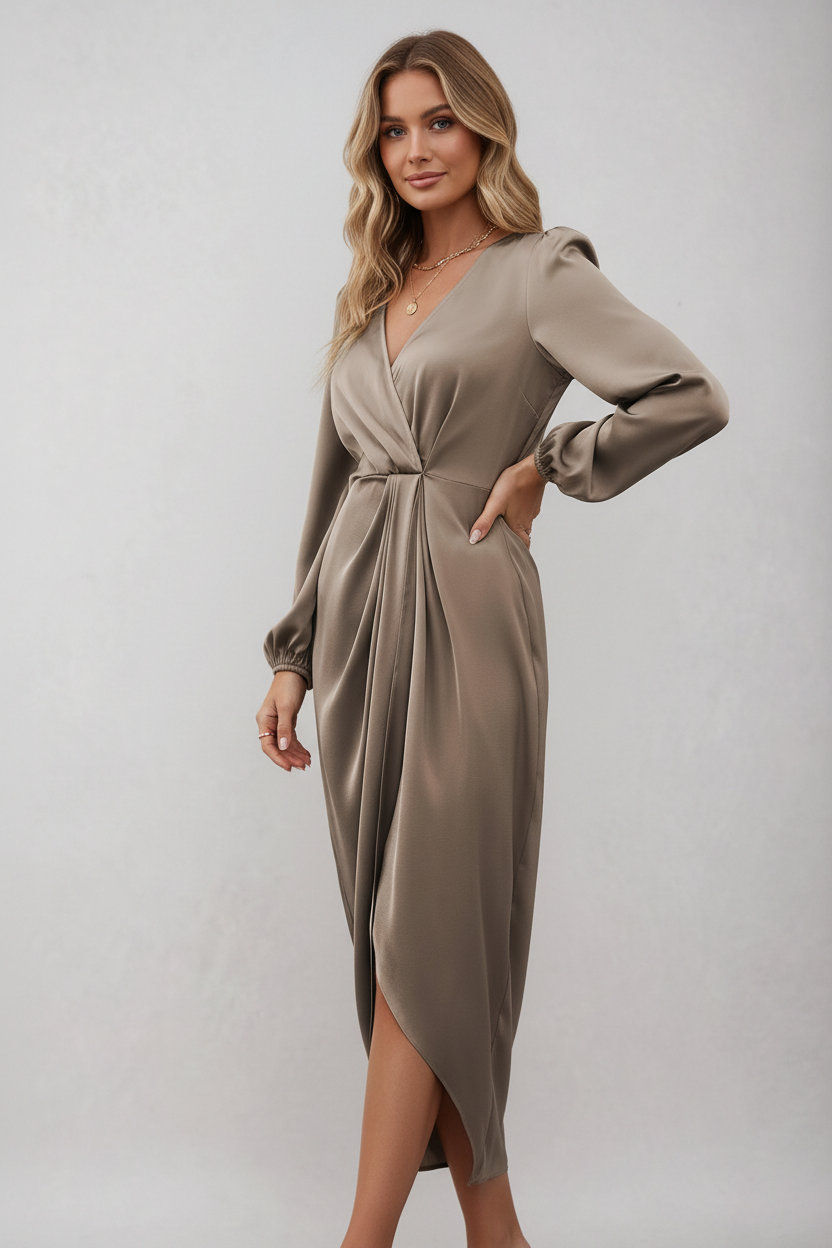 Wikkeljurk Dames Midi met V-Hals en Strikceintuur - Bordeaux / Beige / Groen - Maelen