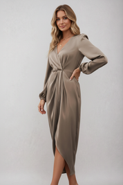 Wikkeljurk Dames Midi met V-Hals en Strikceintuur - Bordeaux / Beige / Groen - Maelen