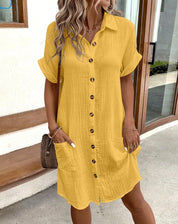 Rosa Jurk | Losvallende Shirtjurk met Knoopsluiting en Opgerolde Mouwen