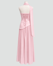 Maxi Galajurk voor Dames met Asymmetrisch Korset, Sjaal en Halterhals - Rood/Zwart/Donkerblauw