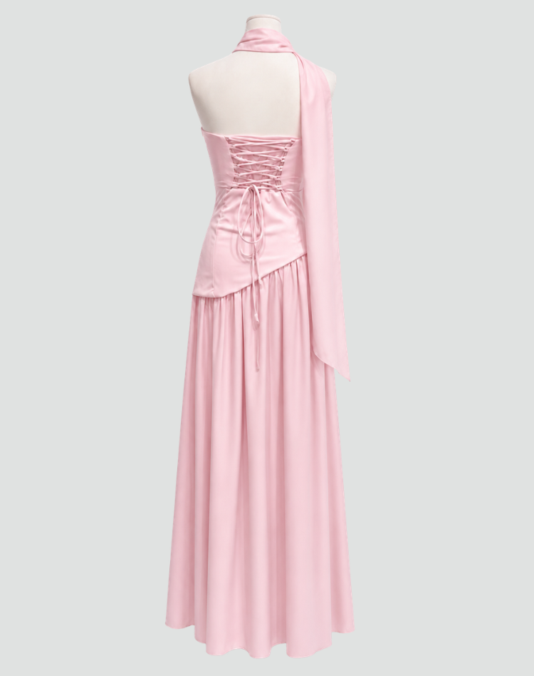 Maxi Galajurk voor Dames met Asymmetrisch Korset, Sjaal en Halterhals - Rood/Zwart/Donkerblauw