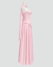 Maxi Galajurk voor Dames met Asymmetrisch Korset, Sjaal en Halterhals - Rood/Zwart/Donkerblauw