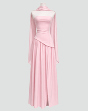 Maxi Galajurk voor Dames met Asymmetrisch Korset, Sjaal en Halterhals - Rood/Zwart/Donkerblauw