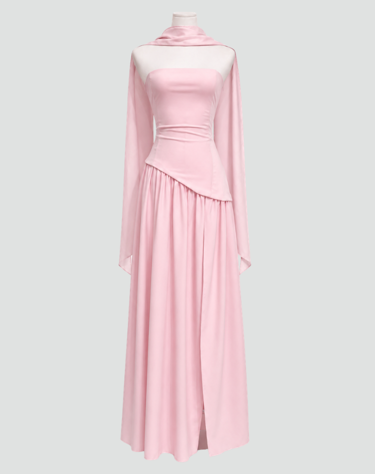 Maxi Galajurk voor Dames met Asymmetrisch Korset, Sjaal en Halterhals - Rood/Zwart/Donkerblauw