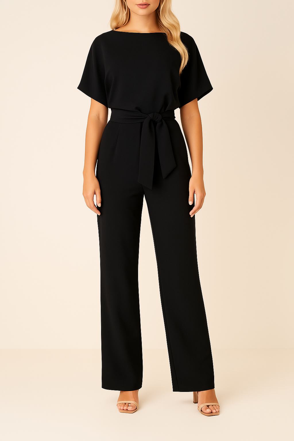 Nora | Jumpsuit Dames met Ceintuur en Wijde Pijpen - Veelzijdig, Luchtig en Kantoorklaar - Zwart / Rood / Beige