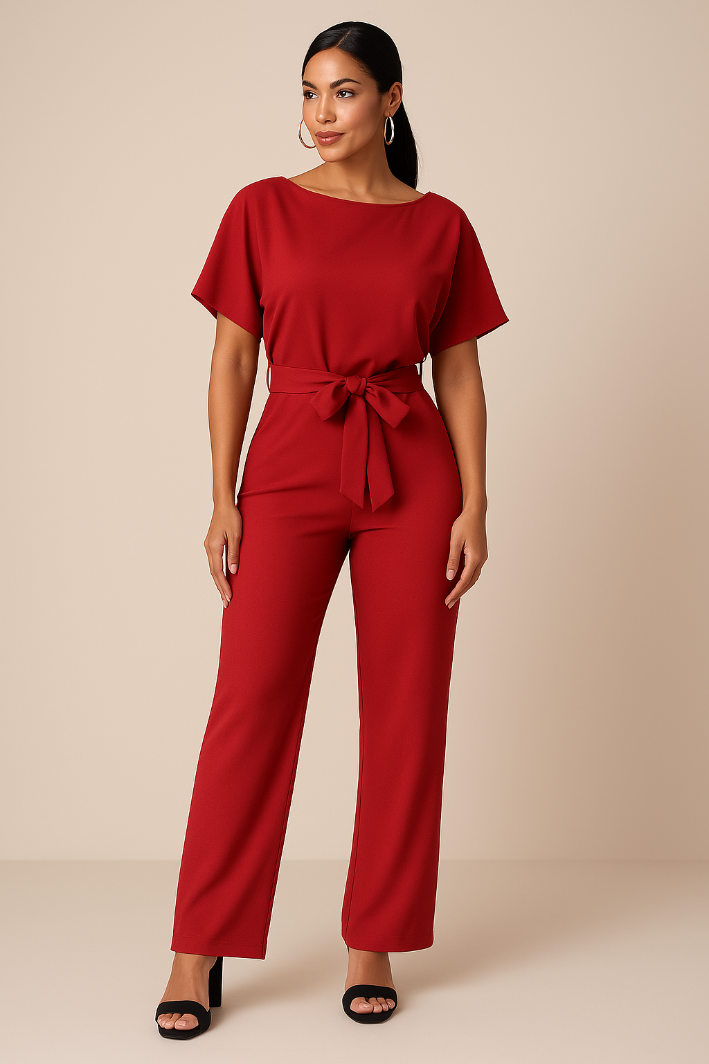 Nora | Jumpsuit Dames met Ceintuur en Wijde Pijpen - Veelzijdig, Luchtig en Kantoorklaar - Zwart / Rood / Beige