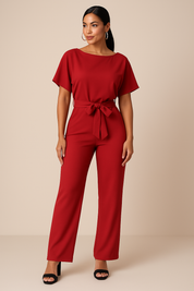 Nora | Jumpsuit Dames met Ceintuur en Wijde Pijpen - Veelzijdig, Luchtig en Kantoorklaar - Zwart / Rood / Beige