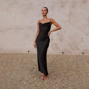 Blair | Luxe Satijnen Maxi-Jurk Dames met Open Rug - Elegant, Vloeiend en Feestklaar - Brons / Zwart / Blauw