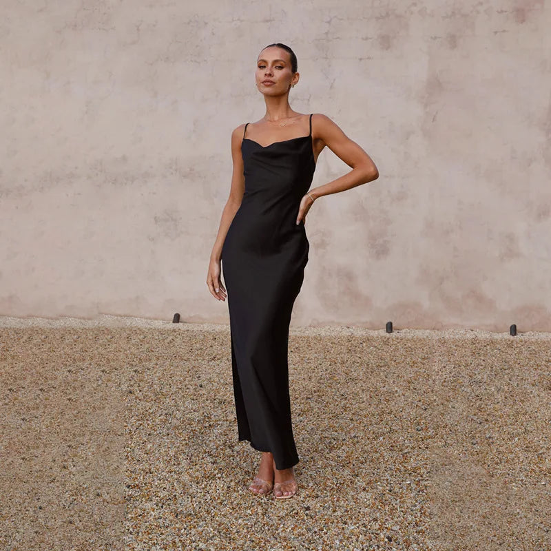 Blair | Luxe Satijnen Maxi-Jurk Dames met Open Rug - Elegant, Vloeiend en Feestklaar - Brons / Zwart / Blauw