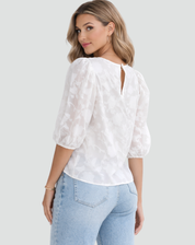 Elegante Feestelijke Blouse voor Dames met Bloemenprint en Pofmouw 3/4 - Wit/Roze/Zwart