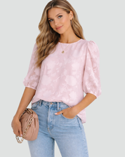 Elegante Feestelijke Blouse voor Dames met Bloemenprint en Pofmouw 3/4 - Wit/Roze/Zwart