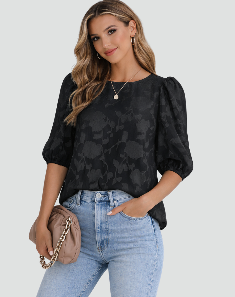 Elegante Feestelijke Blouse voor Dames met Bloemenprint en Pofmouw 3/4 - Wit/Roze/Zwart