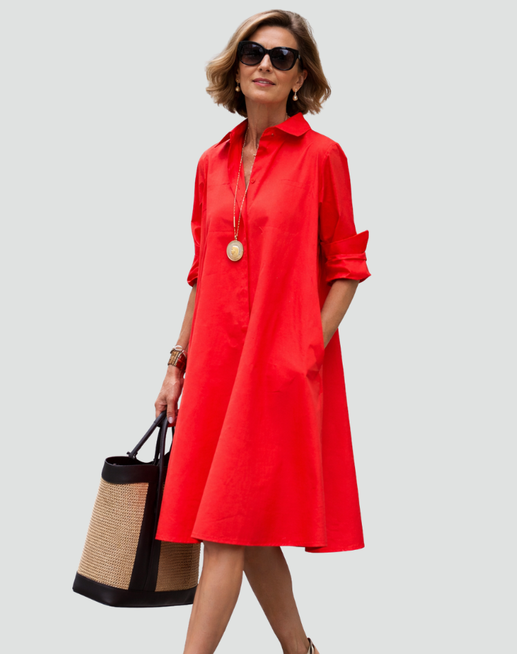 Elegante Klassieke Midi Overhemdjurk voor Dames met Knoopsluiting - Rood/Zwart/Wit