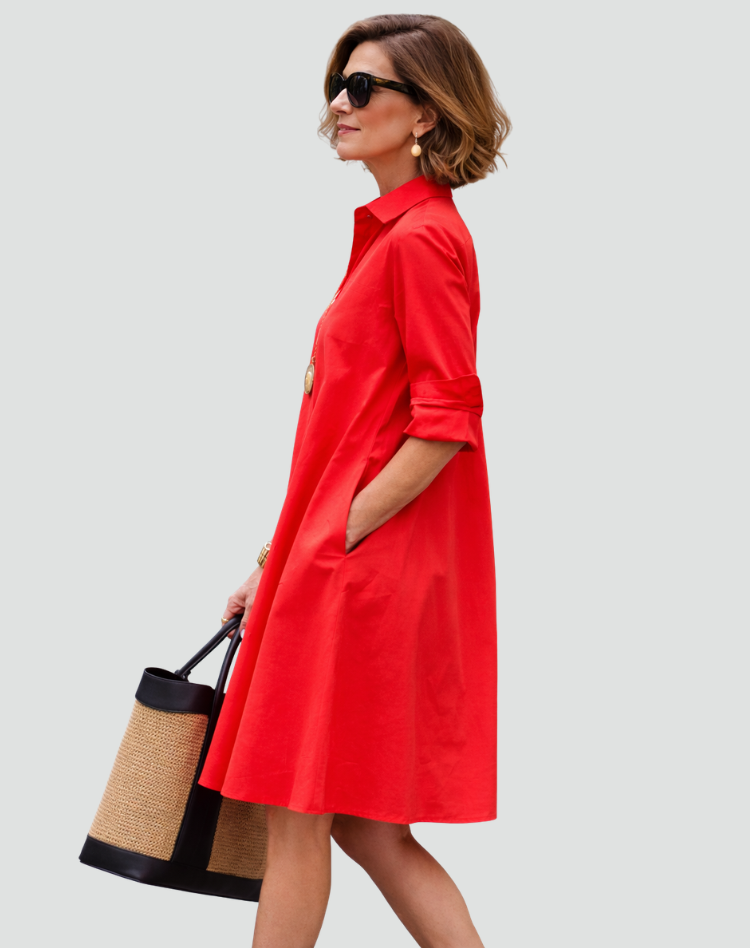Elegante Klassieke Midi Overhemdjurk voor Dames met Knoopsluiting - Rood/Zwart/Wit