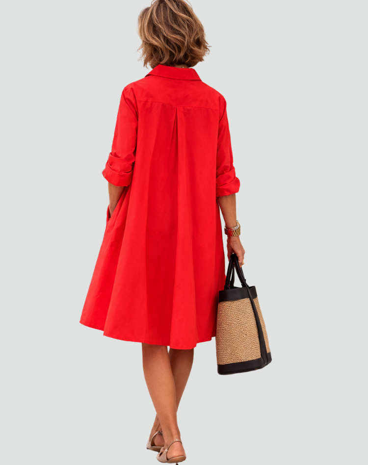 Elegante Klassieke Midi Overhemdjurk voor Dames met Knoopsluiting - Rood/Zwart/Wit