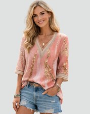Elegante Damesblouse met V-hals, Decoratieve Print en 3/4 Mouwen - Roze/Goud/Bruin