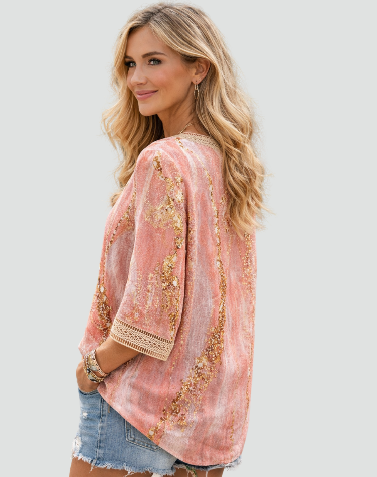 Elegante Damesblouse met V-hals, Decoratieve Print en 3/4 Mouwen - Roze/Goud/Bruin