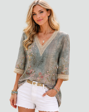 Elegante Damesblouse met V-hals, Decoratieve Print en 3/4 Mouwen - Roze/Goud/Bruin