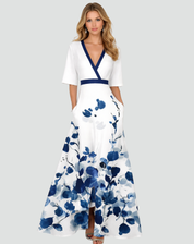 Elegante Maxi Jurk voor Dames met Bloemen en V-hals Gala, Split en Zakken - Groen/Rood