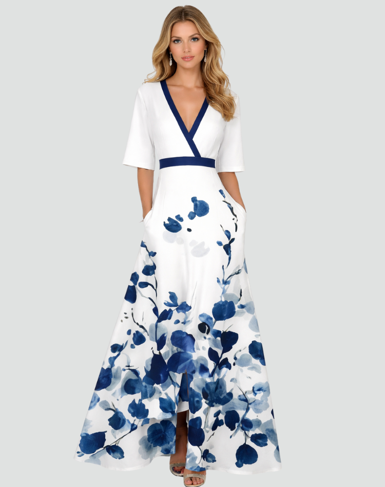 Elegante Maxi Jurk voor Dames met Bloemen en V-hals Gala, Split en Zakken - Groen/Rood