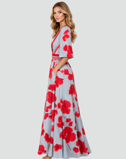 Elegante Maxi Jurk voor Dames met Bloemen en V-hals Gala, Split en Zakken - Groen/Rood