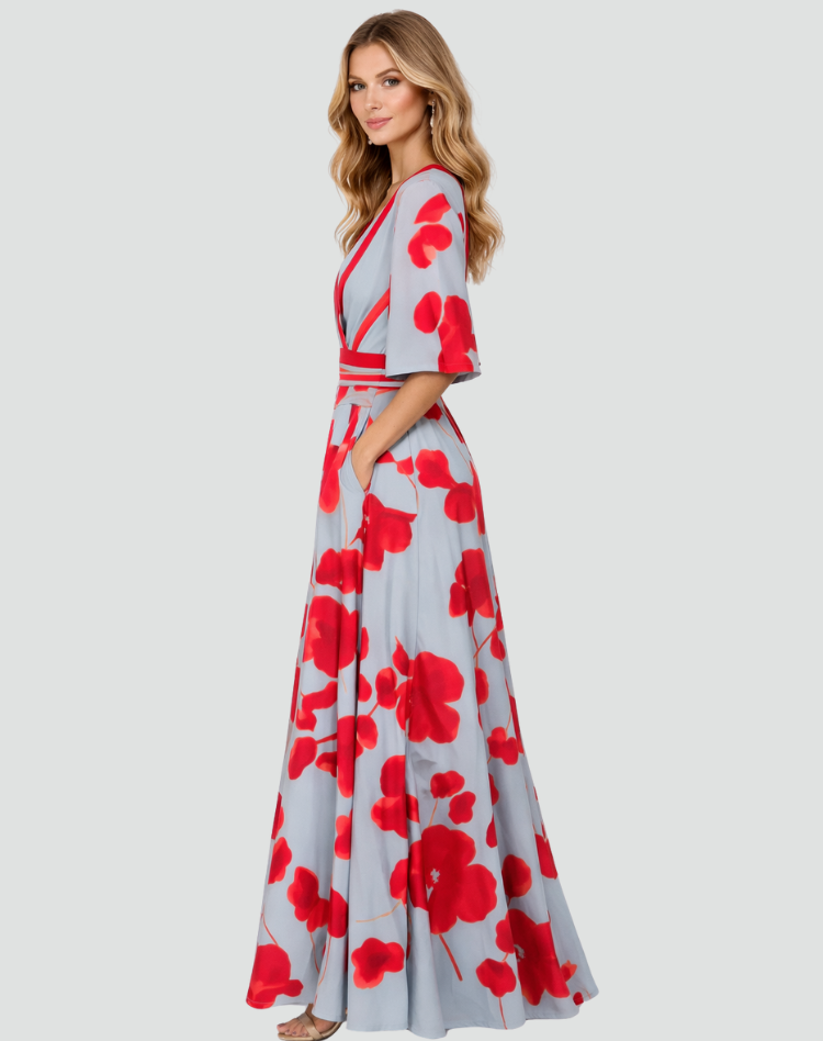 Elegante Maxi Jurk voor Dames met Bloemen en V-hals Gala, Split en Zakken - Groen/Rood
