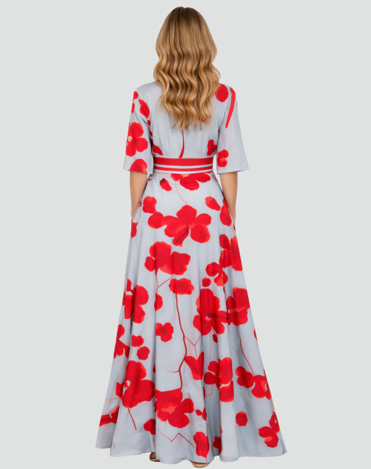 Elegante Maxi Jurk voor Dames met Bloemen en V-hals Gala, Split en Zakken - Groen/Rood