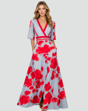 Elegante Maxi Jurk voor Dames met Bloemen en V-hals Gala, Split en Zakken - Groen/Rood