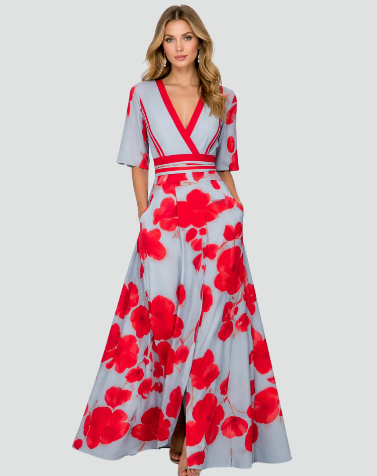 Elegante Maxi Jurk voor Dames met Bloemen en V-hals Gala, Split en Zakken - Groen/Rood