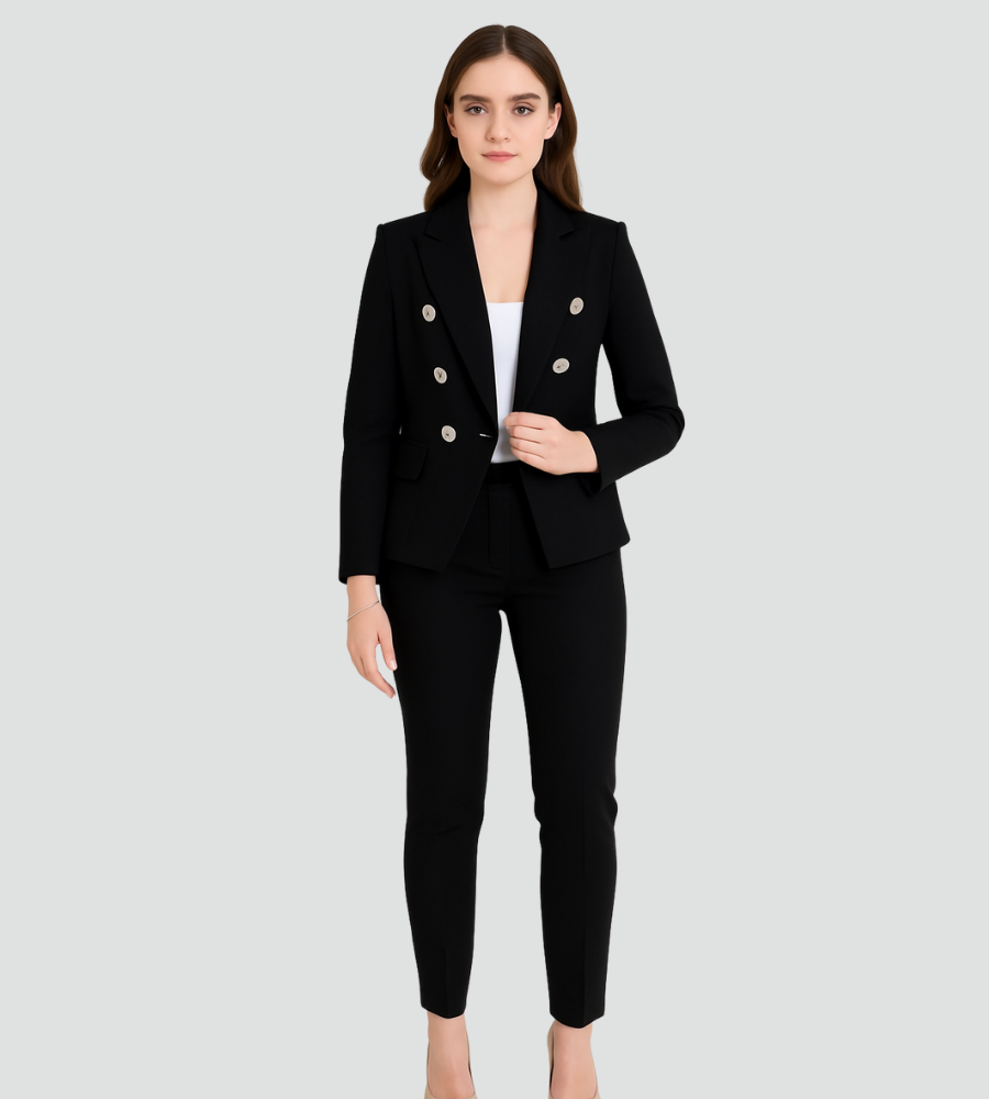 Dameskostuum Ceremonieel Dubbelrijk Blazer Broek Korte Jas Broekpak met Gouden Knopen - Zwart/Beige/Rood