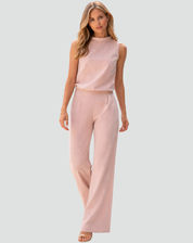 Elegante Damesset voor Speciale Gelegenheden met Wijde Broek, Mouwloze Top met Hoge Hals - Rood/Zwart/Roze