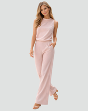 Elegante Damesset voor Speciale Gelegenheden met Wijde Broek, Mouwloze Top met Hoge Hals - Rood/Zwart/Roze