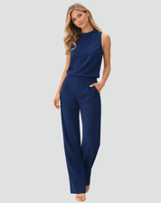 Elegante Damesset voor Speciale Gelegenheden met Wijde Broek, Mouwloze Top met Hoge Hals - Rood/Zwart/Roze