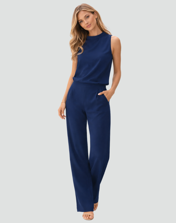 Elegante Damesset voor Speciale Gelegenheden met Wijde Broek, Mouwloze Top met Hoge Hals - Rood/Zwart/Roze