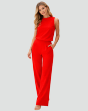 Elegante Damesset voor Speciale Gelegenheden met Wijde Broek, Mouwloze Top met Hoge Hals - Rood/Zwart/Roze