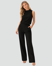 Elegante Damesset voor Speciale Gelegenheden met Wijde Broek, Mouwloze Top met Hoge Hals - Rood/Zwart/Roze