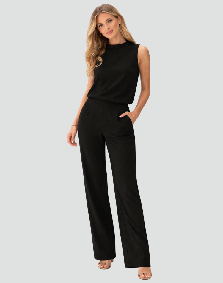 Elegante Damesset voor Speciale Gelegenheden met Wijde Broek, Mouwloze Top met Hoge Hals - Rood/Zwart/Roze