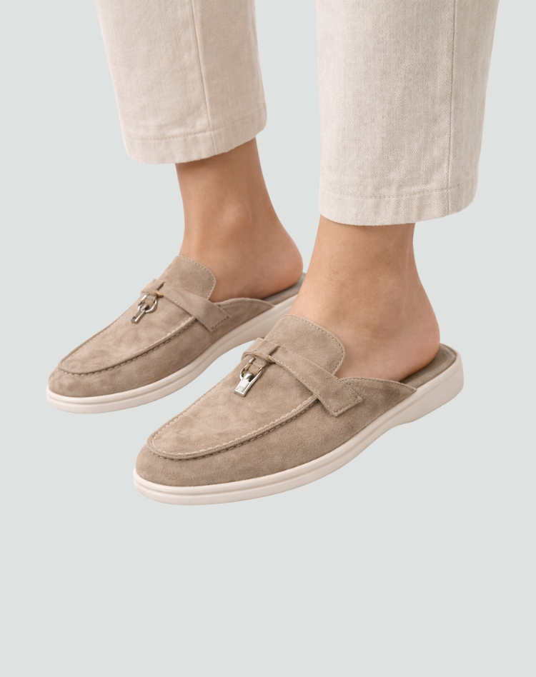 Elegante Damesmuiltjes van Suède met Gesp en Lichte Zool - Beige/Zwart/Bruin
