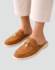 Elegante Damesmuiltjes van Suède met Gesp en Lichte Zool - Beige/Zwart/Bruin
