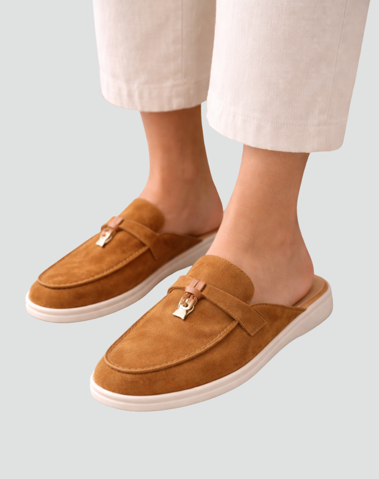 Elegante Damesmuiltjes van Suède met Gesp en Lichte Zool - Beige/Zwart/Bruin