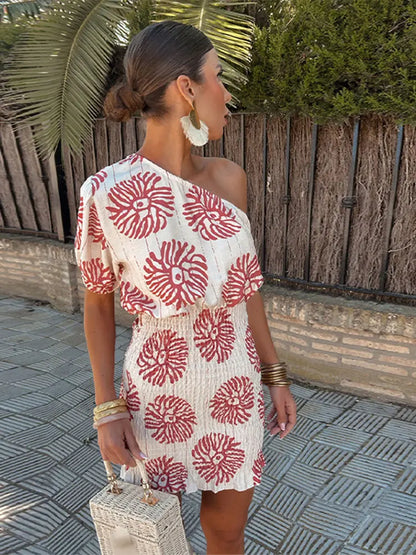 Alina Jurk | Off-Shoulder Mini Zomerjurk met Print en Vrouwelijke Pasvorm