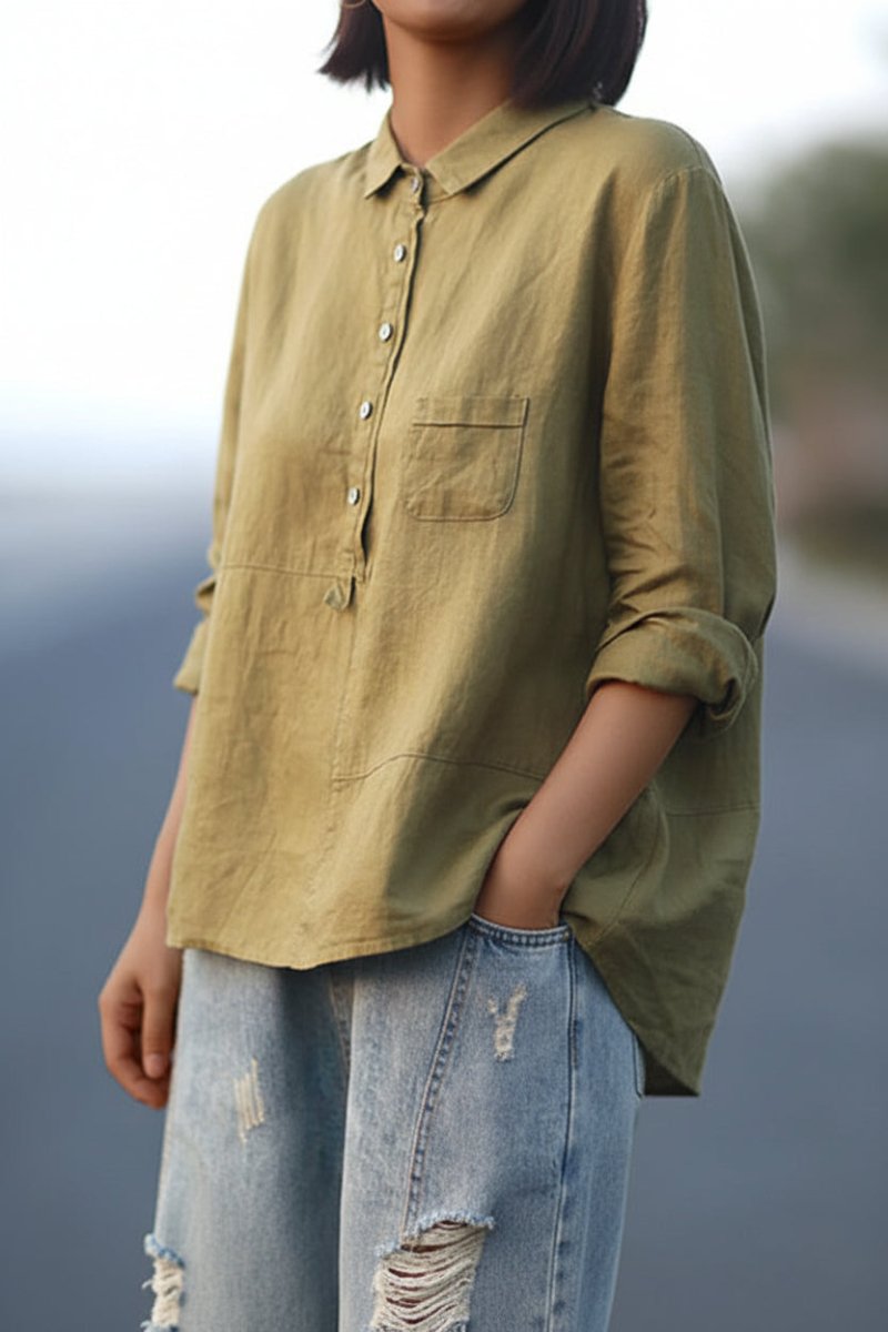 Oversized Linnen Blouse Dames met Klassieke Knoopsluiting en Relaxed Fit - Isabella Conti