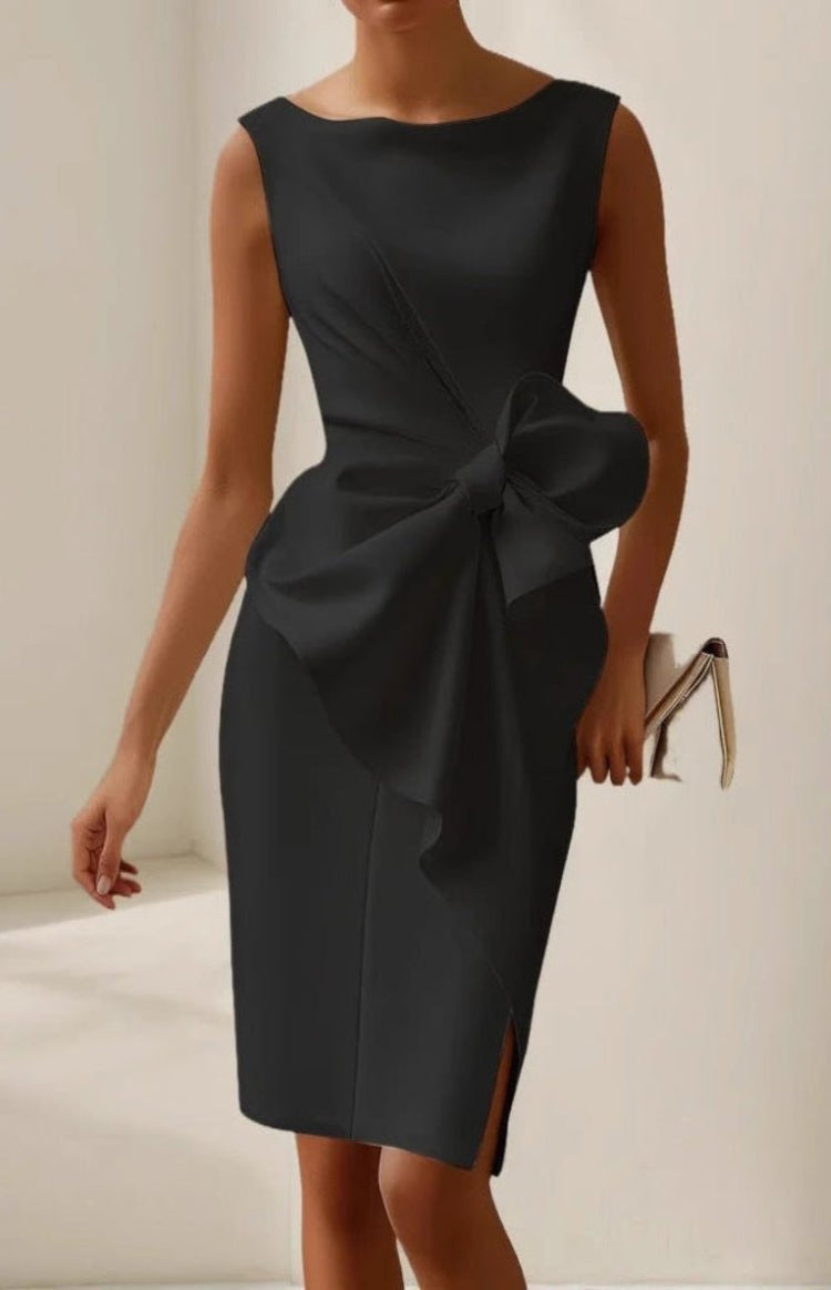 Elegante Cocktailjurk Dames Mouwloos met Gedrapeerd Detail en Grote Strik - Serena Lombardi